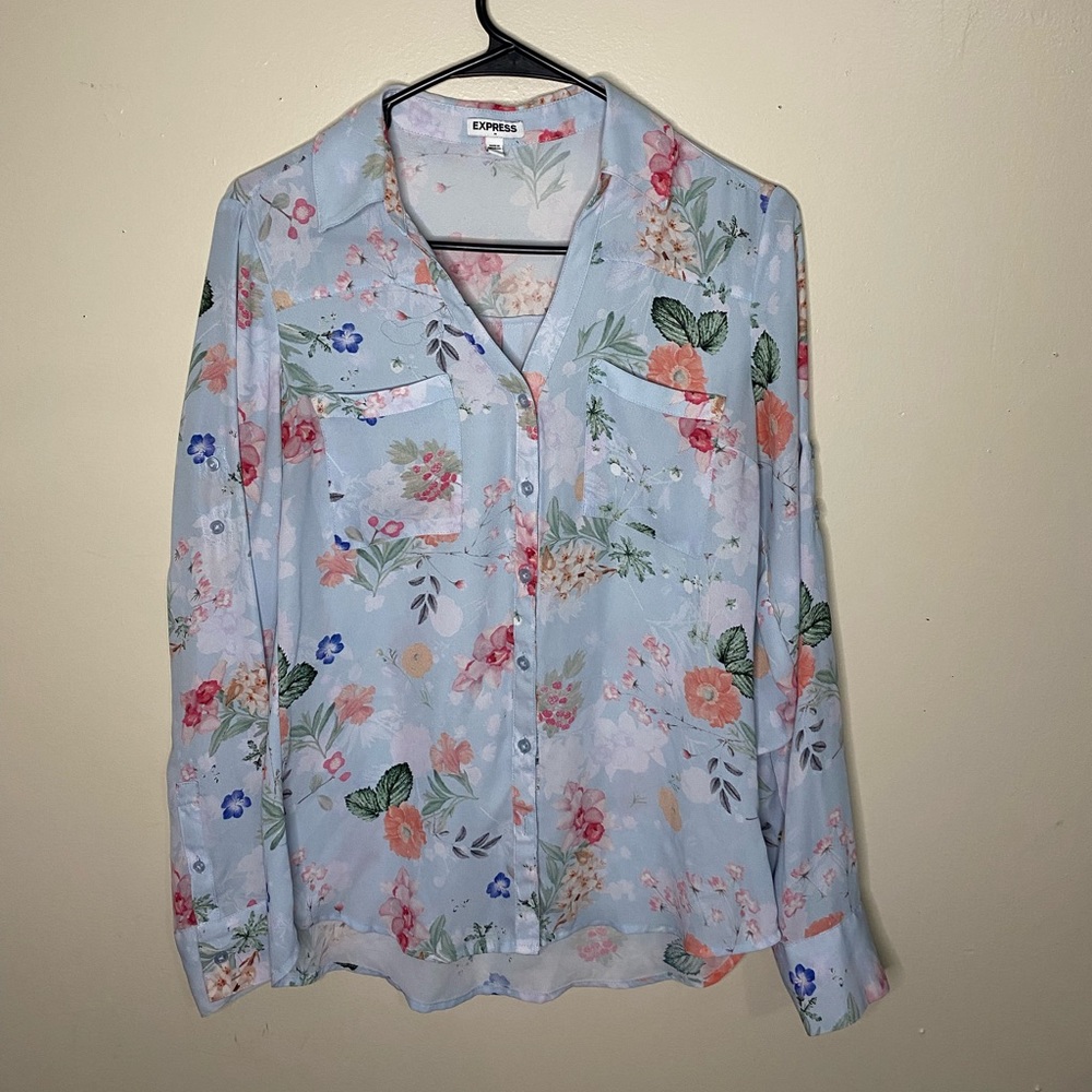 Express baby blue floral button down shirt